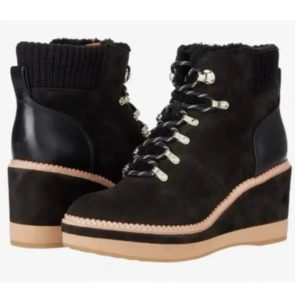 NWOB Kate Spade Willow Genuine Shearling Wedge Bootie in Black SZ 8